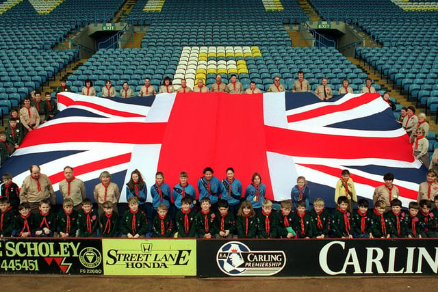 Scouts and leaders representing the 80 strong cast of Central Yorkshire Scouts 1996 Gang Show came together at Elland Road.