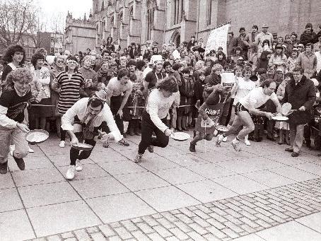Did you take part in a Pancake Day race on the Cathedral precinct in 1985?