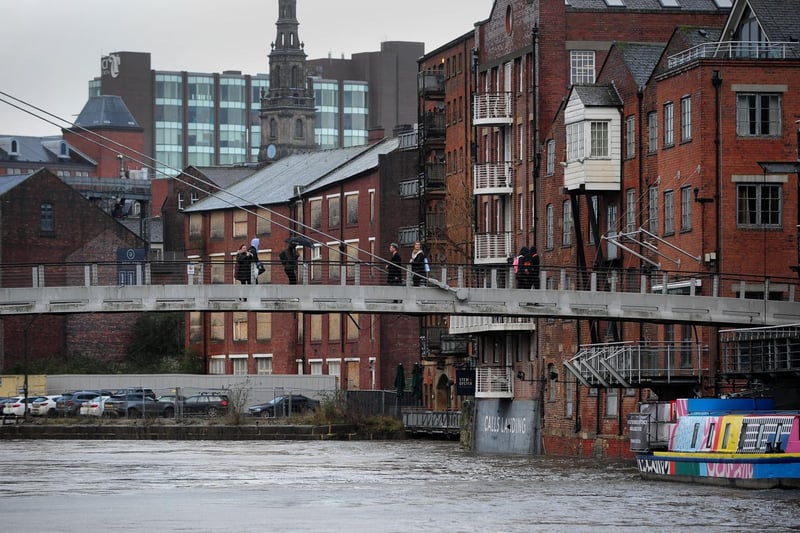 High river levels at the Calls in Leeds city centre.