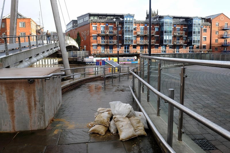 Sandbags pictured as people tried to prevent flooding in the area around the River Aire in Brewery Wharf.