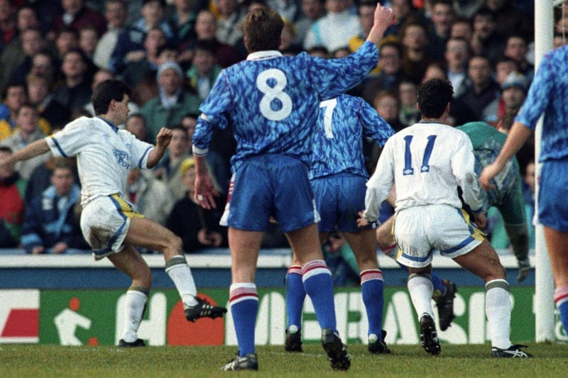 Steve Hodge scores his second goal of the game to put Leeds United 2-0 ahead after half an houjr.