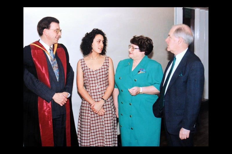Headteacher Dr David Dennison, Sarah Bhanot, winner of four prizes, Wendy Hogg, and chairman of govenors Gordon Payne at an awards night in 1994