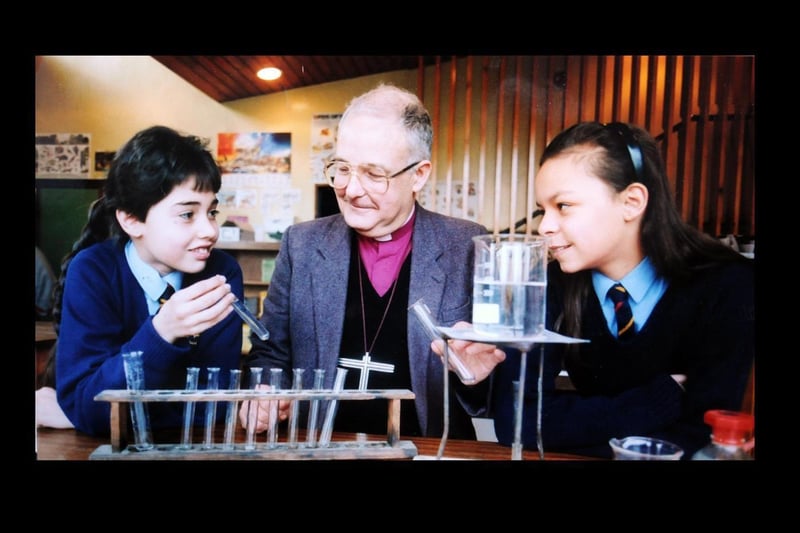 The Bishop of Lancaster Rt Rev Jack Nicholls joins in a science lesson with lisa Chauhan and Mandy Conroy-Phillips