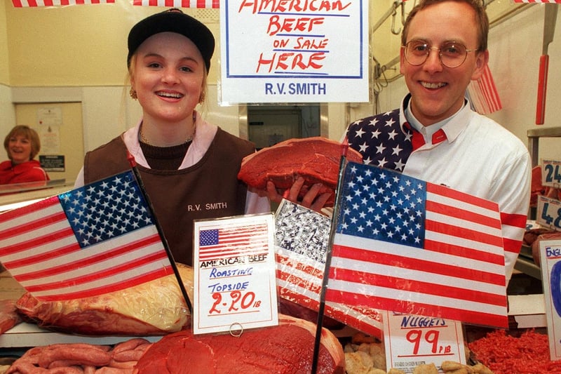 American beef was sale at R.V. Smith's butchers in Kirkgate Market. Pictured are Michelle Stead and Nick Gifford.