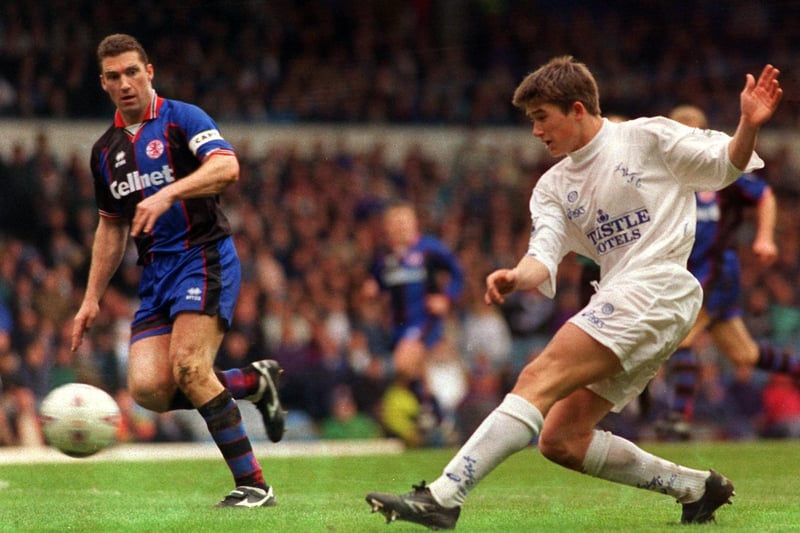 Harry Kewell fires towards goal on his Leeds United debut.