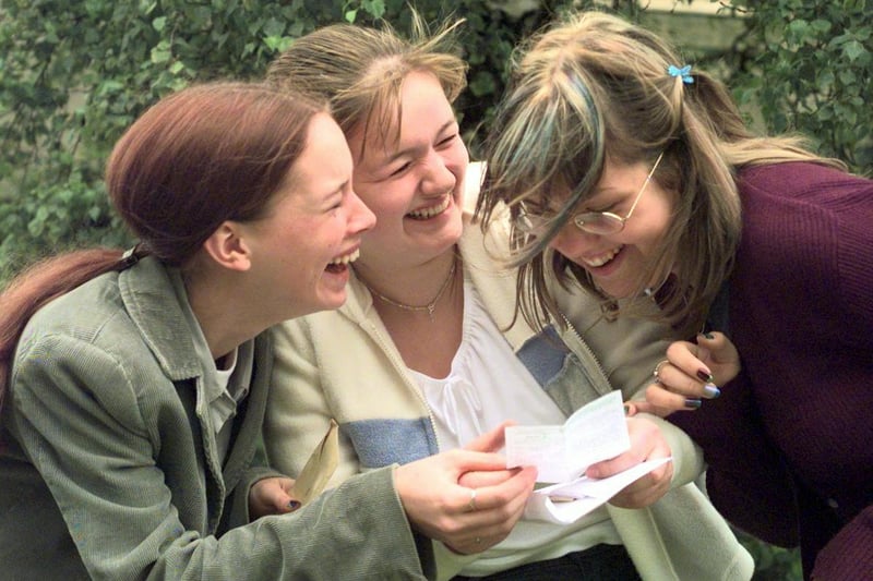 Garforth Community College students Melanie Maddison, Hannah Roberts and Samantha Kell celebrate their A level results in August 1999.