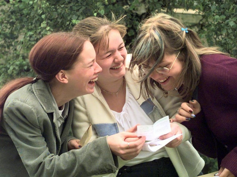 Garforth Community College students Melanie Maddison, Hannah Roberts and Samantha Kell celebrate their A level results in August 1999.