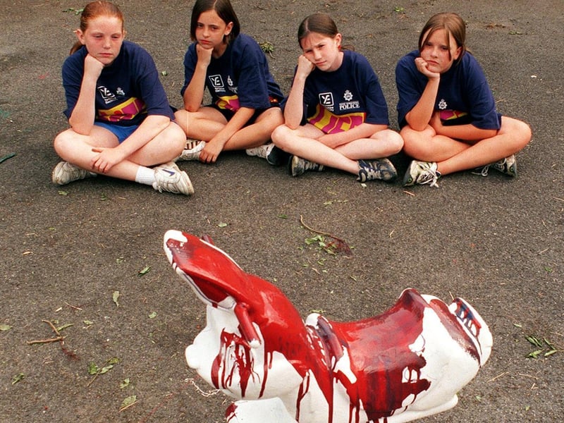 A 'spring rabbit' ride was vandalised in the play area off Ninelands Lane. Pictured are Laura Lister, Anna Lakin, Rachael Cairns and Alison Boyd.