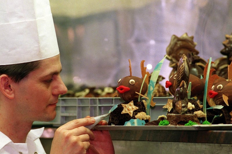 March 1999 and Thierry Dumouchel puts the finishing touch to one of the Easter egg creations he was selling from his popular Garforth patisserie.