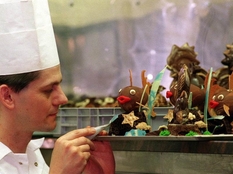 March 1999 and Thierry Dumouchel puts the finishing touch to one of the Easter egg creations he was selling from his popular Garforth patisserie.