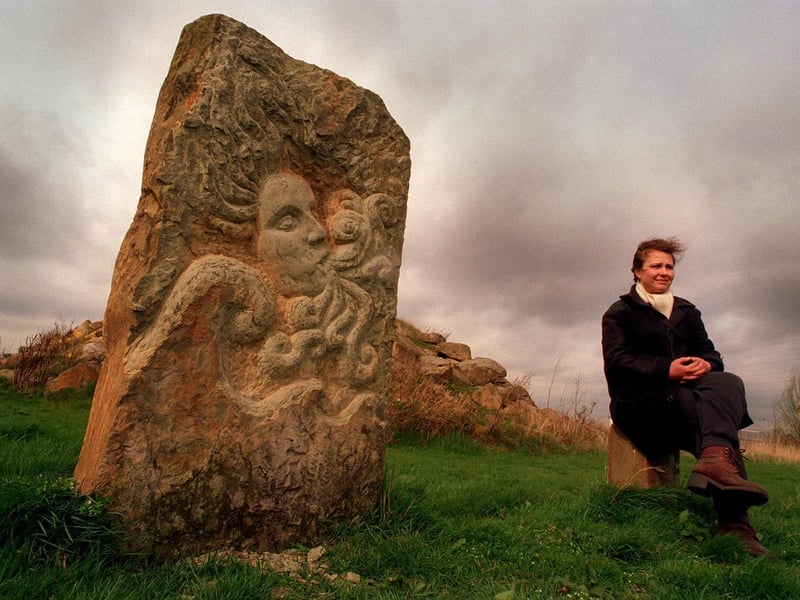 Melanie Wilks with one of her sculptures at the Stone Henge on the Trans-Pennine Trail at Thwaite Mills.