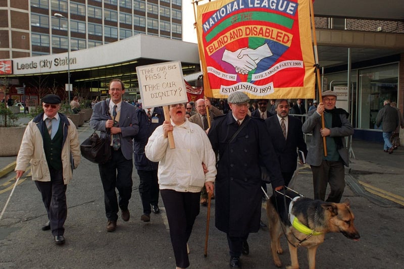 Members of the National League of the Blind and Disabled marched out of Leeds City Station in protest at the West Yorkshire Passenger Transport Authority ending free fares.