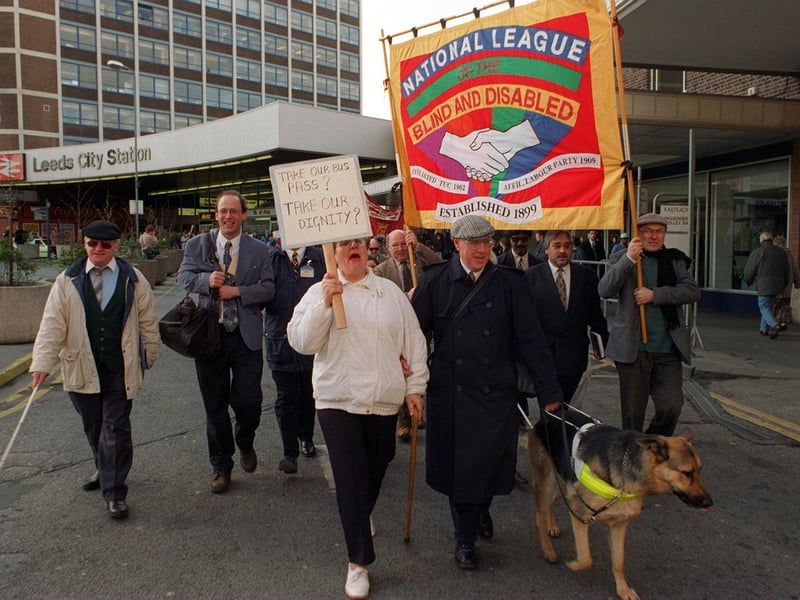 Members of the National League of the Blind and Disabled marched out of Leeds City Station in protest at the West Yorkshire Passenger Transport Authority ending free fares.