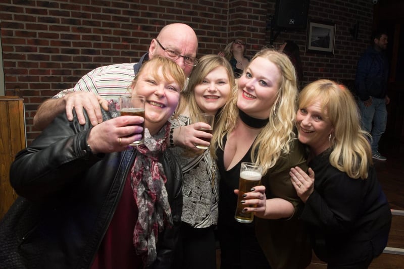 Jez, Beth, Helen, Annette & Les raise a glass to St Patrick's Day in The Dickens Bar in 2018.