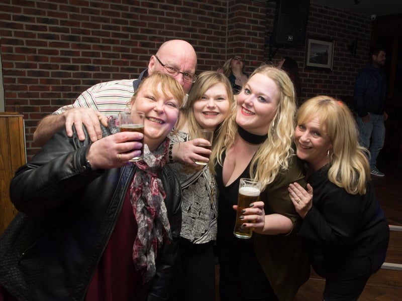 Jez, Beth, Helen, Annette & Les raise a glass to St Patrick's Day in The Dickens Bar in 2018.