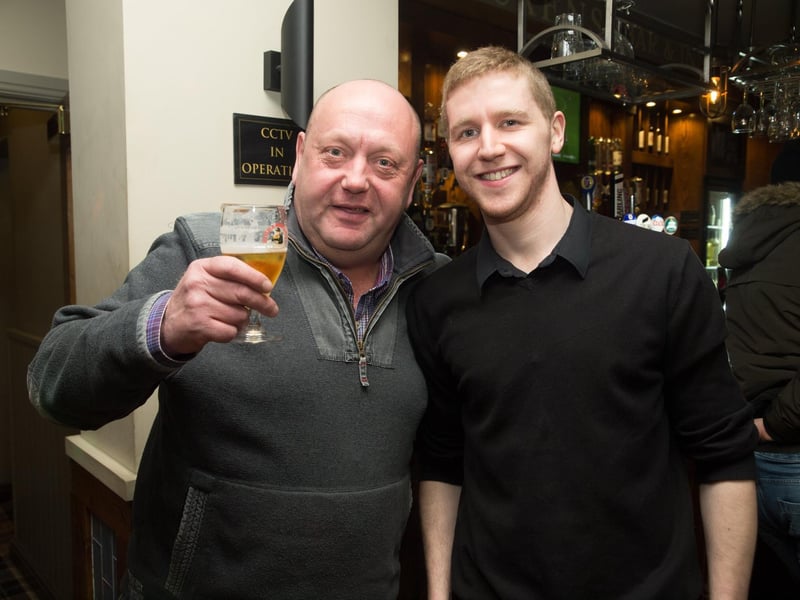 Ian & Jamie raise a glass for St Patrick's Day in The Dickens Bar in 2018.