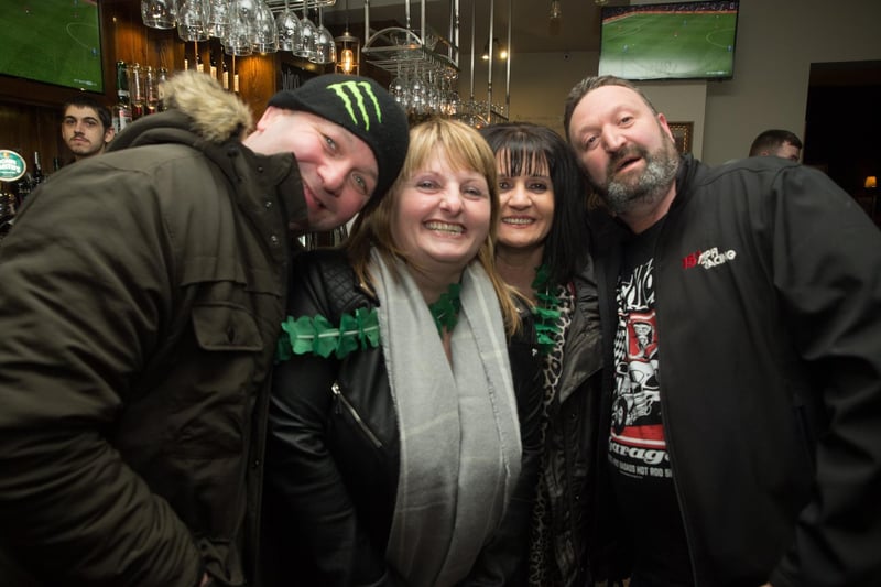 Simon, Jane, Andrew & Kitty celebrating St Patrick's Day in The Dickens Bar in 2018.