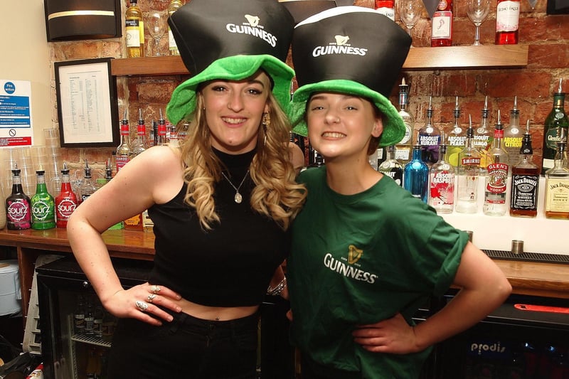 Franchesca and Sabina enter the spirit of St Patrick's day behind the bar of The Waterhouse Bar in 2017.