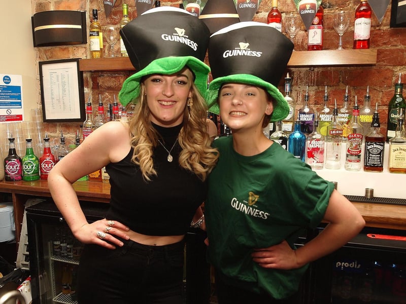 Franchesca and Sabina enter the spirit of St Patrick's day behind the bar of The Waterhouse Bar in 2017.