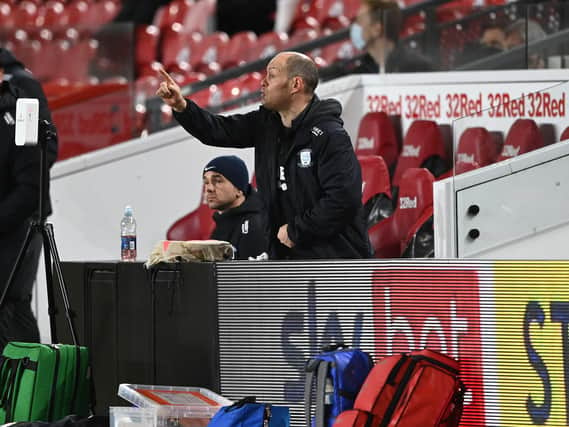 Preston manager Alex Neil gives instructions out from the sideline despite being sent off at half time during the Sky Bet Championship match between Middlesbrough and Preston North End at Riverside Stadium on March 16, 2021.