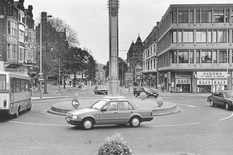 The obelisk at the Odeon roundabout, pictured in 1989.