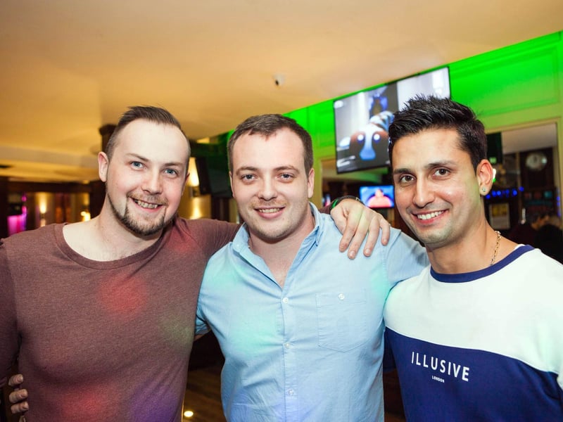 James, Musty and Nick enjoy a night out in Bar2B, in 2016.
