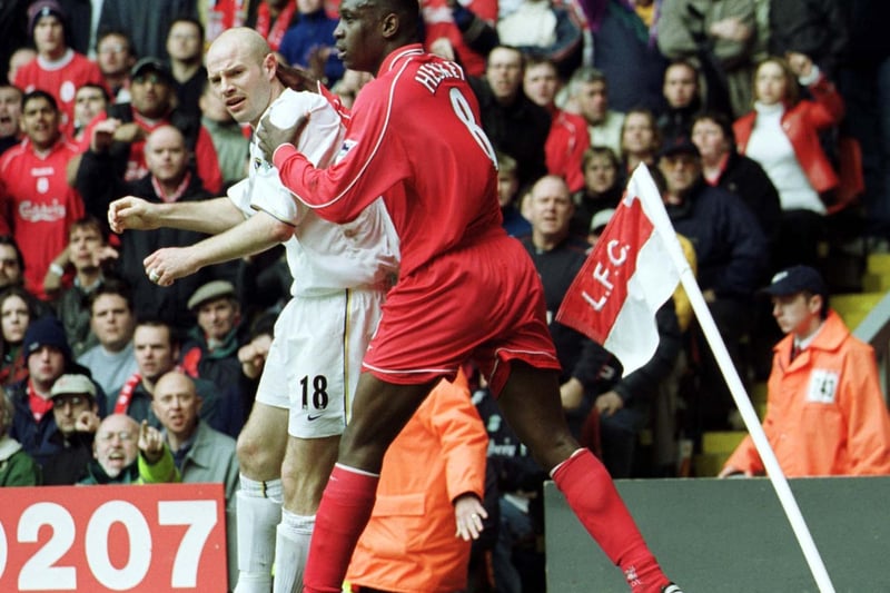 Tempers flair between Danny Mills and Liverpool's Emile Heskey during the Premiership clash at Anfield in April 2001.