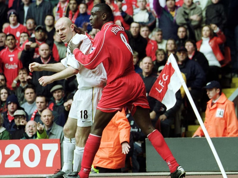 Tempers flair between Danny Mills and Liverpool's Emile Heskey during the Premiership clash at Anfield in April 2001.