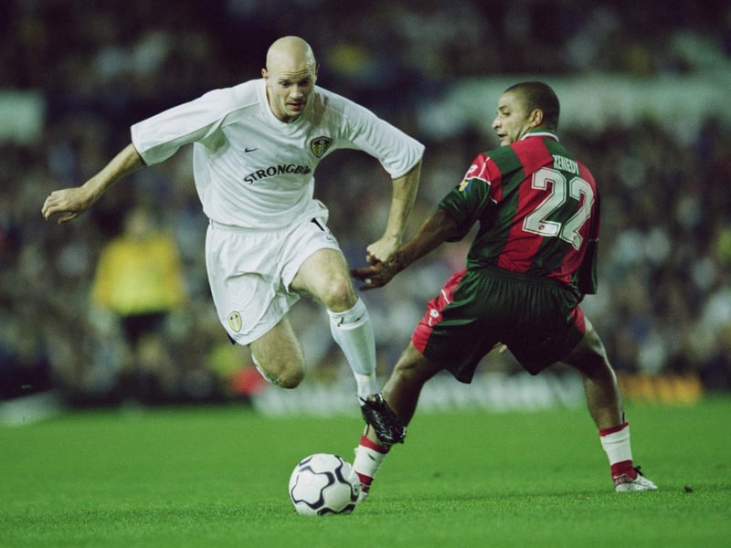 Danny Mills goes past Maritimo's Daniel Kenedy during the UEFA Cup round one clash at Elland Road in September 2001. Leeds won 3-0.