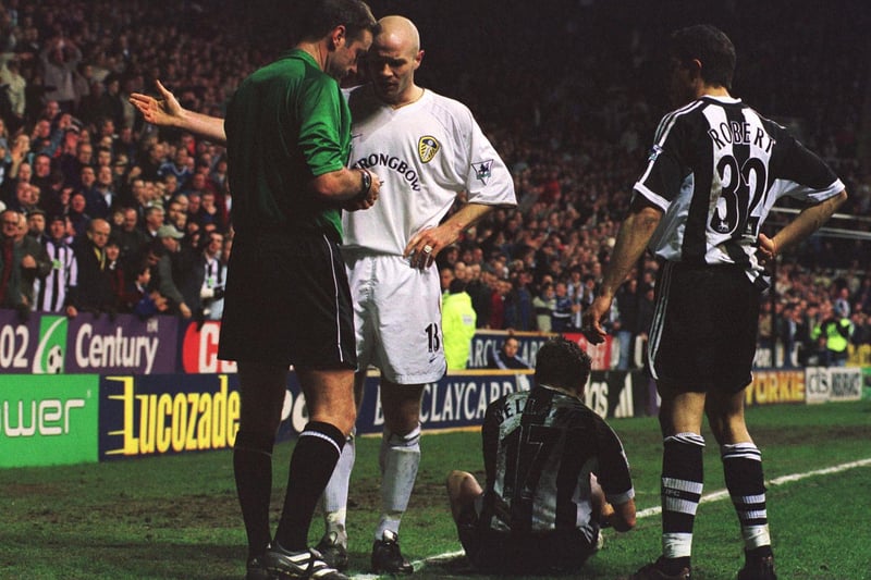 Danny Mills is sent off by referee Graham Barber during Leeds United's Premiership clash with Newcastle United at St James's Park in January 2002.
