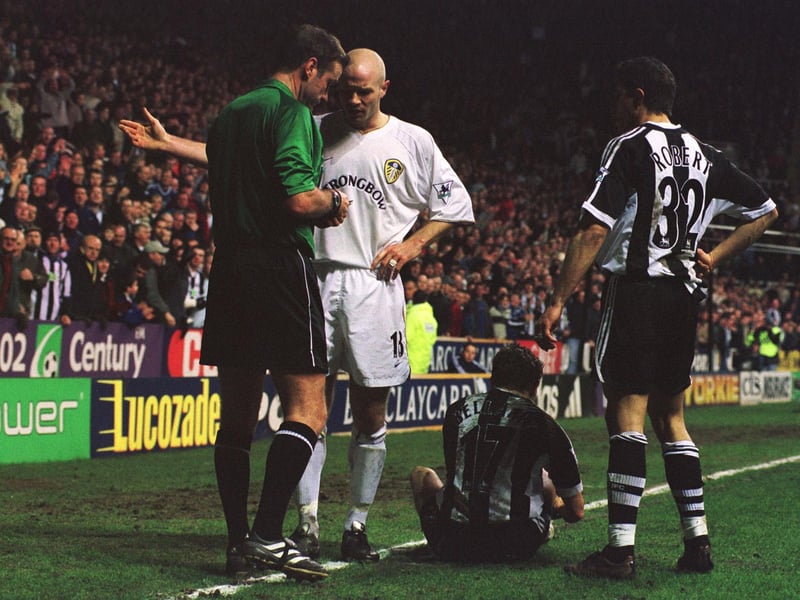 Danny Mills is sent off by referee Graham Barber during Leeds United's Premiership clash with Newcastle United at St James's Park in January 2002.