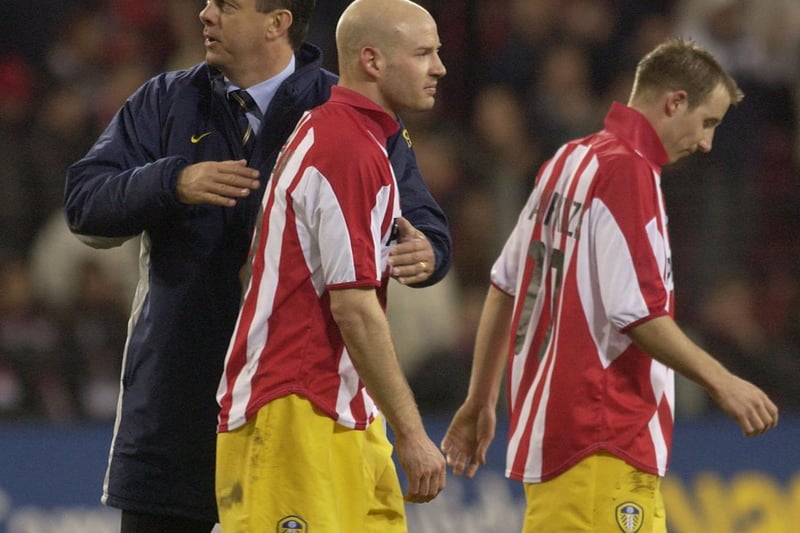Leeds Manager David O''Leary congratulates Danny Mills after the UEFA Cup fourth round first leg clash against PSV Eindhoven at the Phillips Stadium in February 2002.