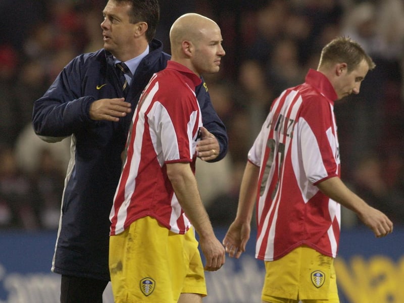 Leeds Manager David O''Leary congratulates Danny Mills after the UEFA Cup fourth round first leg clash against PSV Eindhoven at the Phillips Stadium in February 2002.
