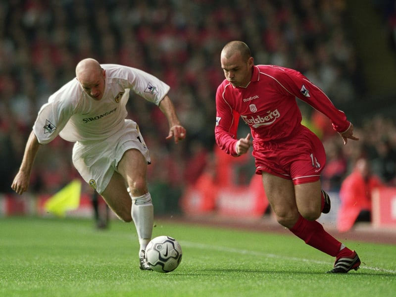 October 2001 and Danny Mills hunts down Liverpool's Danny Murphy during the Premiership clash at Anfield. The game finished 1-1.