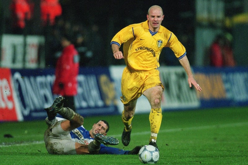 Danny Mills brings the ball forward during the UEFA Cup third round first leg clash against Grasshopper Zurich at the Hardturm Stadium in November 2001. Leeds won 2-1.