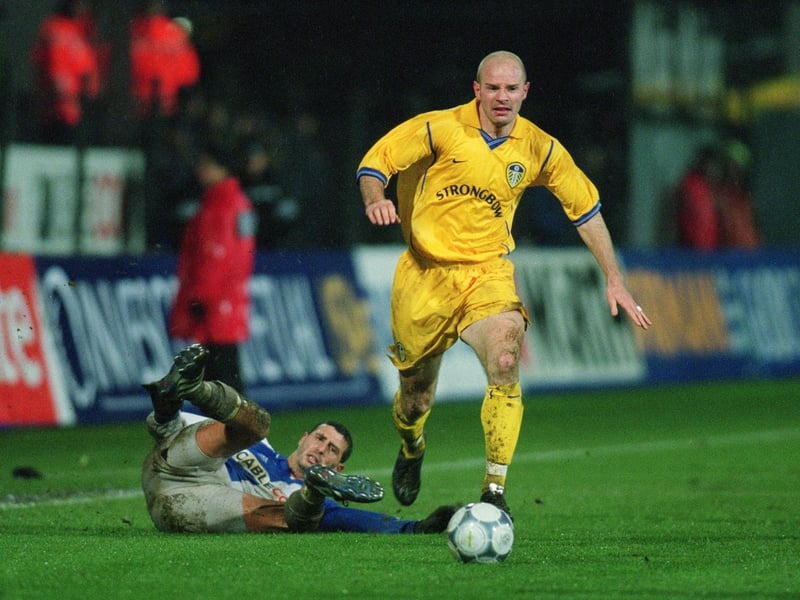 Danny Mills brings the ball forward during the UEFA Cup third round first leg clash against Grasshopper Zurich at the Hardturm Stadium in November 2001. Leeds won 2-1.