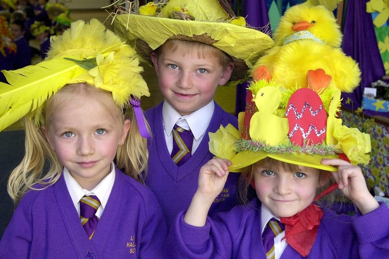 Easter bonnets at Hall Park primary
Ellie Bond, Oliver Drury and Megan Butterworth, 2001
