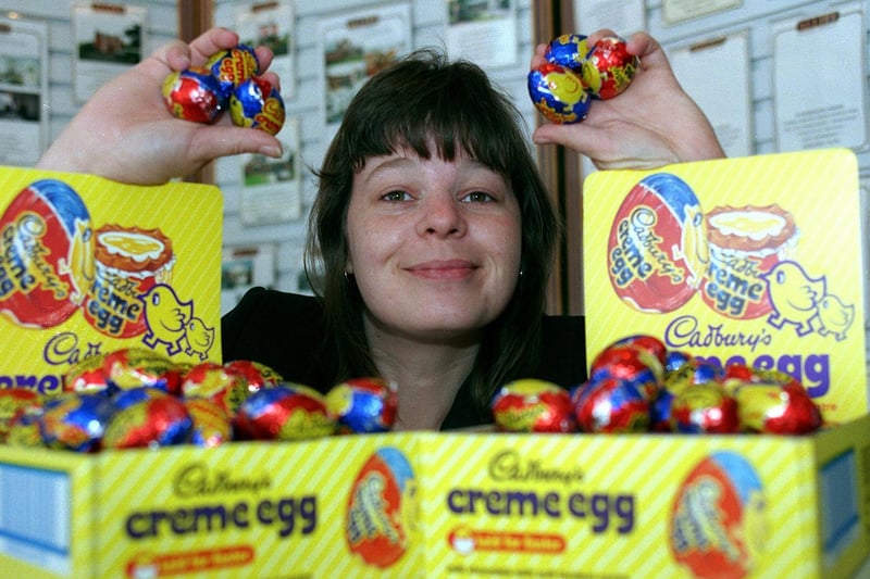 Allitt estate agent assistant manager Emma Whitehall with the creme eggs they gave away over the Easter holiday in 1997