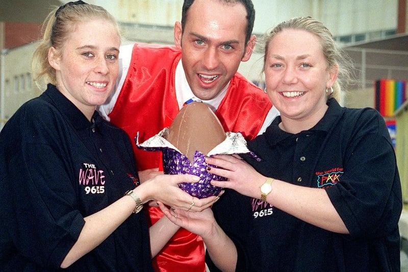 The Palace nightclub donated Easter eggs to the children's wards at Victoria Hospital, in 1998. Pic shows chocolate temptation for L-R: Diane Stark, Roger Blueman and Sarah McLellan.