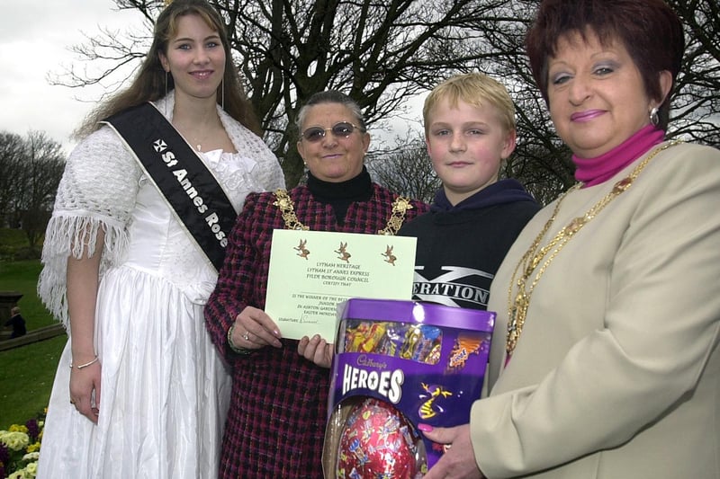 Egg rolling competition in St Annes 2002. The Mayor and Mayoress of Fylde with Stacey Cartmell and egg painting winner Richard Wardell