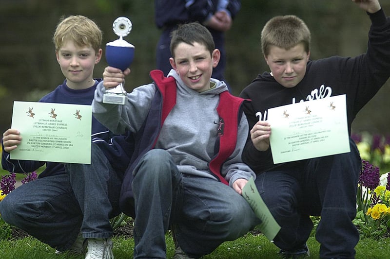 Egg throwing competition winners in St Annes, 2002. L-R, Silver Sam Louis-Wignall, Gold Luke Skyrme and bronze Joe Parr