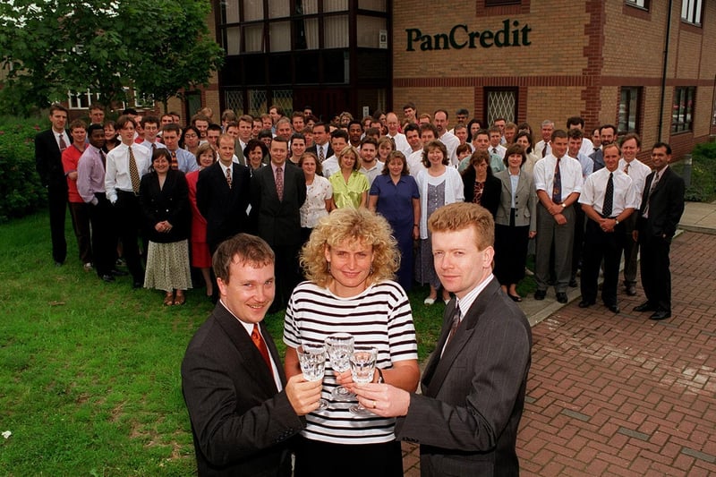 PanCredit held a party for staff in July 1997 after making £20,000 on a job. Pictured front are Tony Stones (general manager), Joss Smith (HR manager) and Chris Haynes (financial director) with staff looking on.