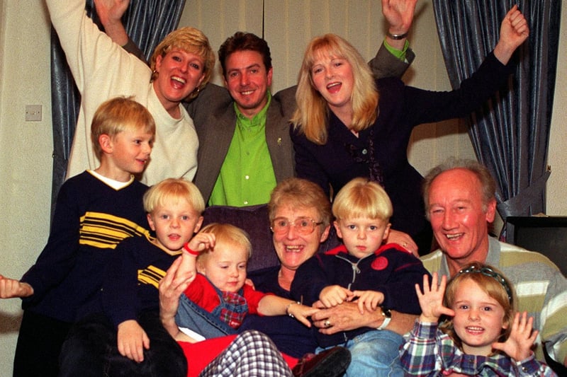 October 1997 and Pools winners Eric and Kathleen Denison pictured at their Yeadon home with  daughter Carole (left), son Gordon and his wife Michaela and their grandchildren Thomas, William, Joseph, Georgia and Ella.