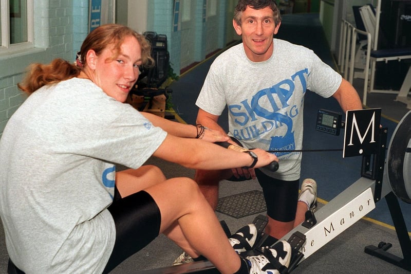 Olympic hopeful Debbie Flood was taking part in a sponsored rowing machine session to raise cash towards her training expenses. She is pictured with her dad John at Yeadon's Manor Leisure and Fitness Club in June 1997.