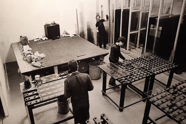 In the glaziers workshop at Dennett and Son, May 1985