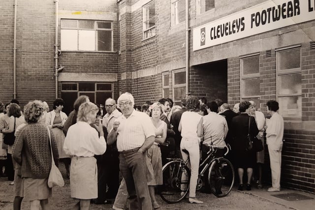 This scene doesn't capture a happy time for the workforce at Cleveleys Footwear. They had turned up at work in June 1985 to find they were without jobs