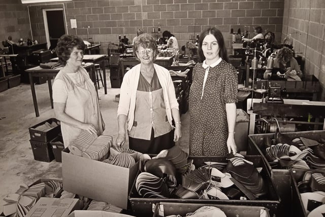 Doreen Riley, Dorothy Hatch and Pamela Regan at DPD Shu in Thornton, September 1985. They had worked at Cleveleys footwear before it shut down. They decided to set up their own company