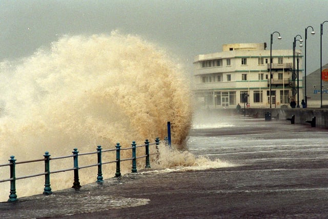The sea provided spectacular scenes at on Morecambe promenade during high tide. This was in 1999.