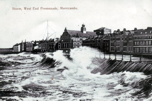 A postcard showing a storm on West End promenade in Morecambe. (unknown date).