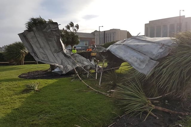 Part of the Midland Hotel's roof in Morecambe has blown off in Storm Erik in 2019.